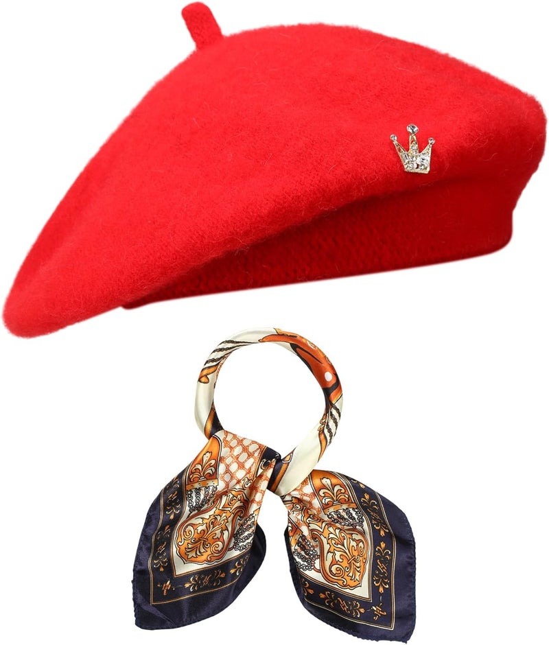 Jamntower 3 Pcs Wool Beret Solid Color French Beanie Hat with Silky Scarf Brooch for Women Girls Gift - Image 1